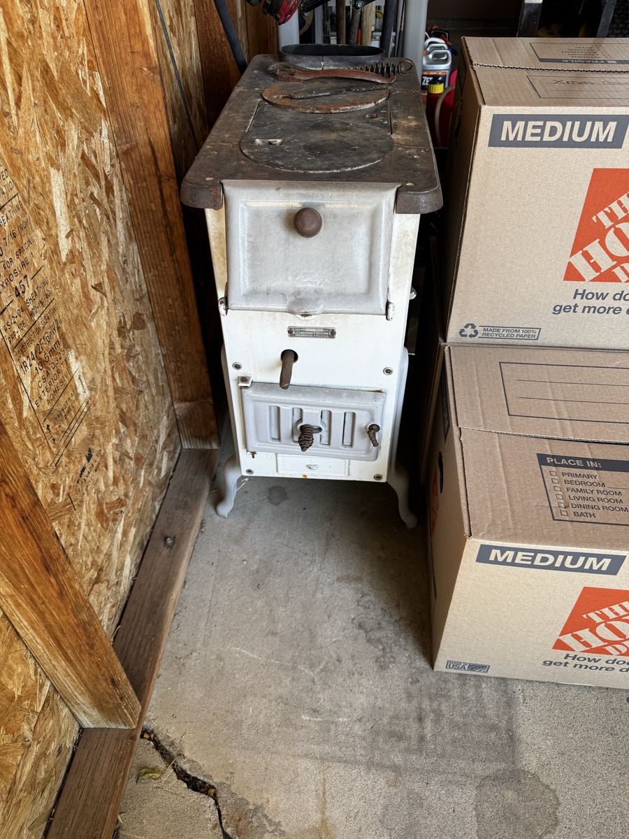 Antique White & Black Cast Iron Wood-Burning Stove - Vintage Home Heating