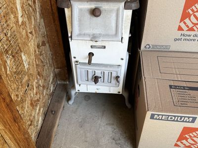 Antique White & Black Cast Iron Wood-Burning Stove - Vintage Home Heating