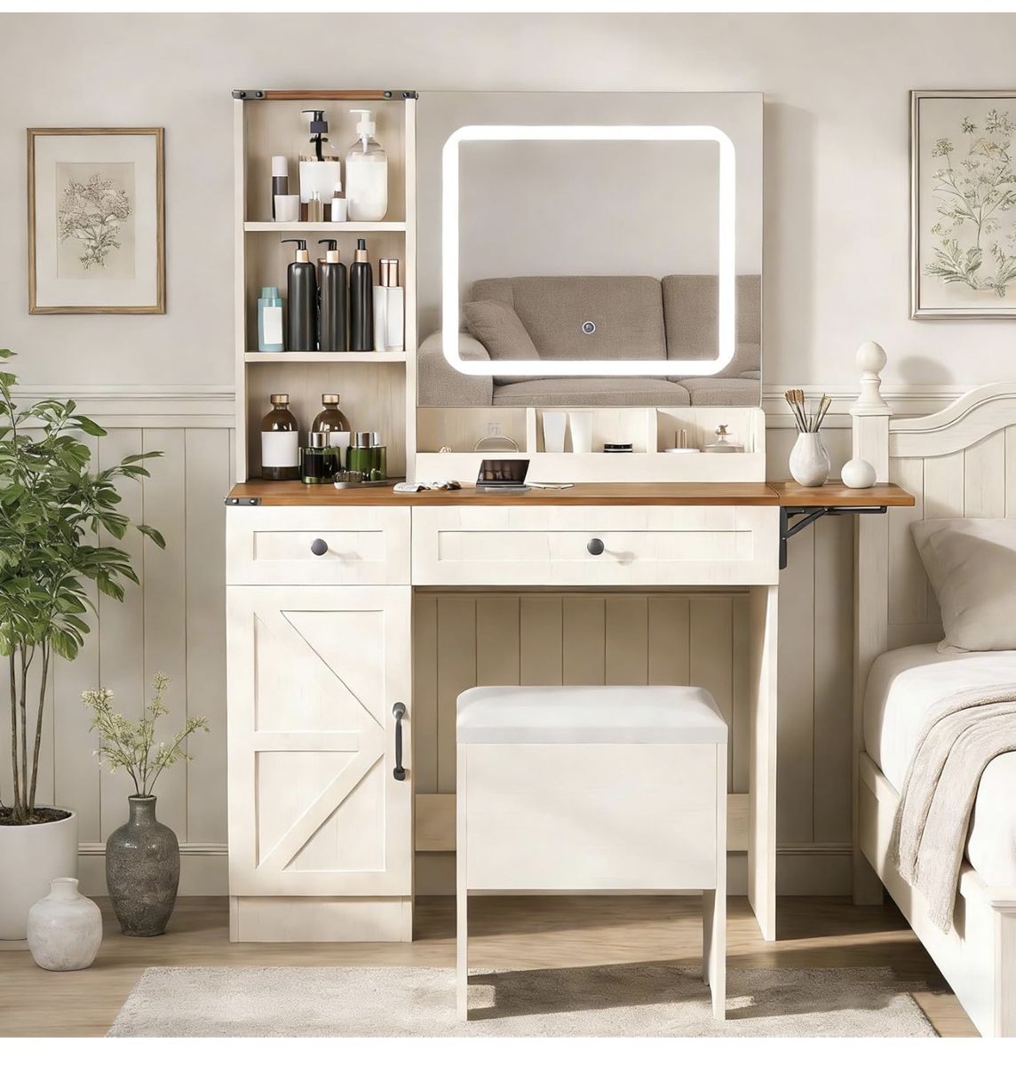 Farmhouse Makeup Vanity Desk with Mirror and Lights, Vanity Set with Charging Station