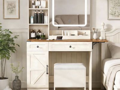 Farmhouse Makeup Vanity Desk with Mirror and Lights, Vanity Set with Charging Station