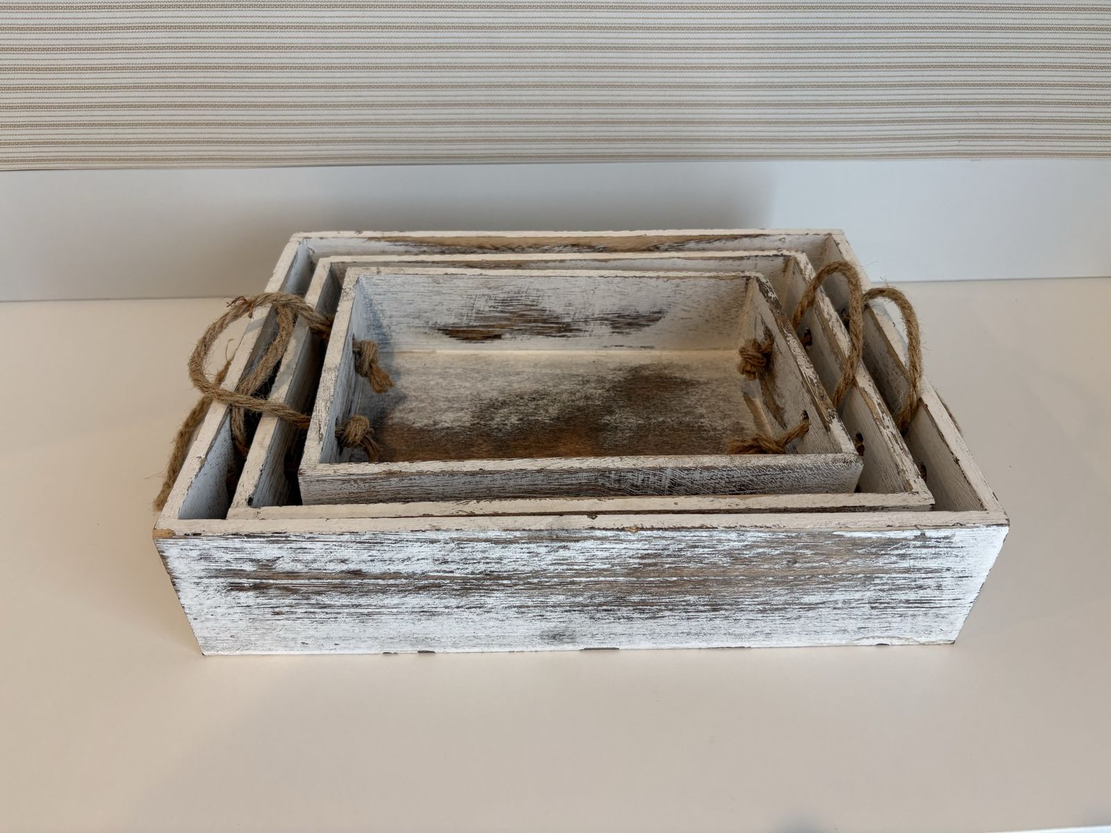 Shabby Chic White Washed Wood Nesting Trays with Rope Handles - Set of 3 Decorative Storage Boxes