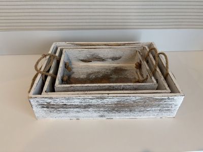 Shabby Chic White Washed Wood Nesting Trays with Rope Handles - Set of 3 Decorative Storage Boxes