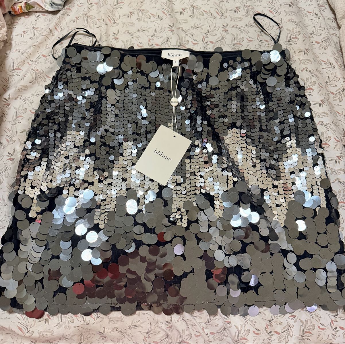 New. New Years Böhme Sequin Mini Skirt Silver Size Large New with Tags