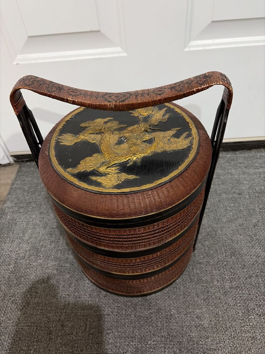 Vintage Asian Woven Rattan Stacking Wedding Basket with Dragon Motif, Multi-tier