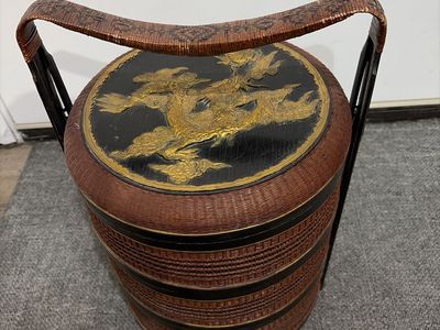 Vintage Asian Woven Rattan Stacking Wedding Basket with Dragon Motif, Multi-tier