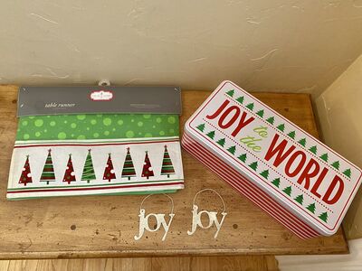 Christmas JOY Shades of Green and Red NEW Table Runner 13X36 + Joy To The World Large Tin - C PIX