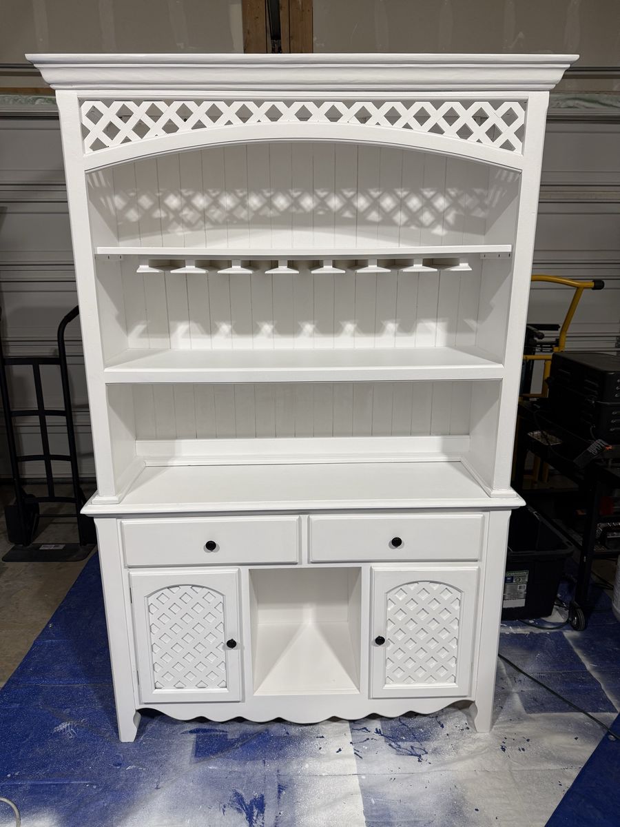 White Wood China Cabinet Hutch with Wine Glass Rack, Lattice Details