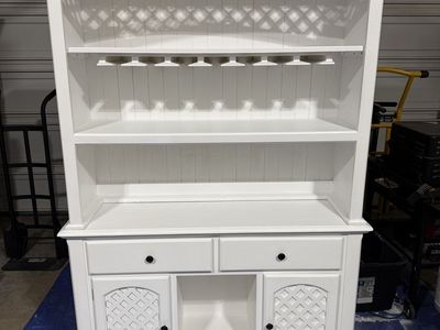 White Wood China Cabinet Hutch with Wine Glass Rack, Lattice Details