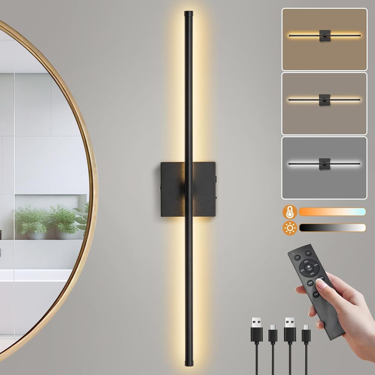 NEW Battery Operated Wall Sconce w Remote,28.3-Inch Wireless Wall Sconces Set of 2,3000K-6000K Dimmable Wall Sconce