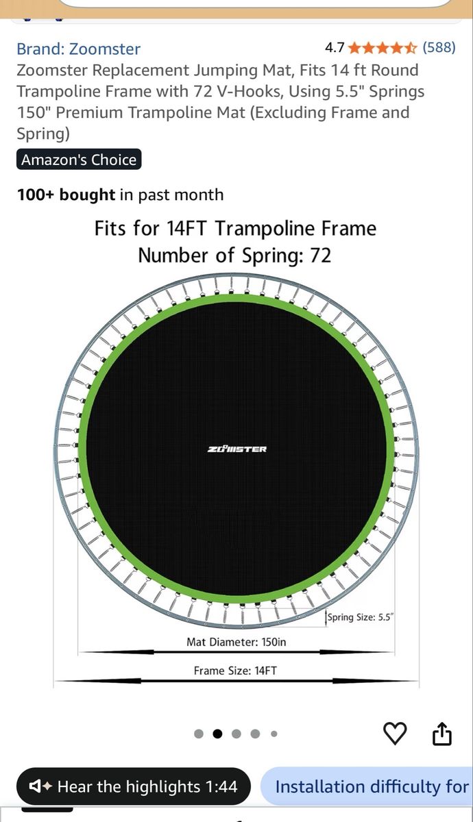 NEW w/o box Zoomster Replacement Jumping Mat, Fits 14 ft Round Trampoline Frame with 72 V-Hooks, 150" Premium MAT ONLY $35