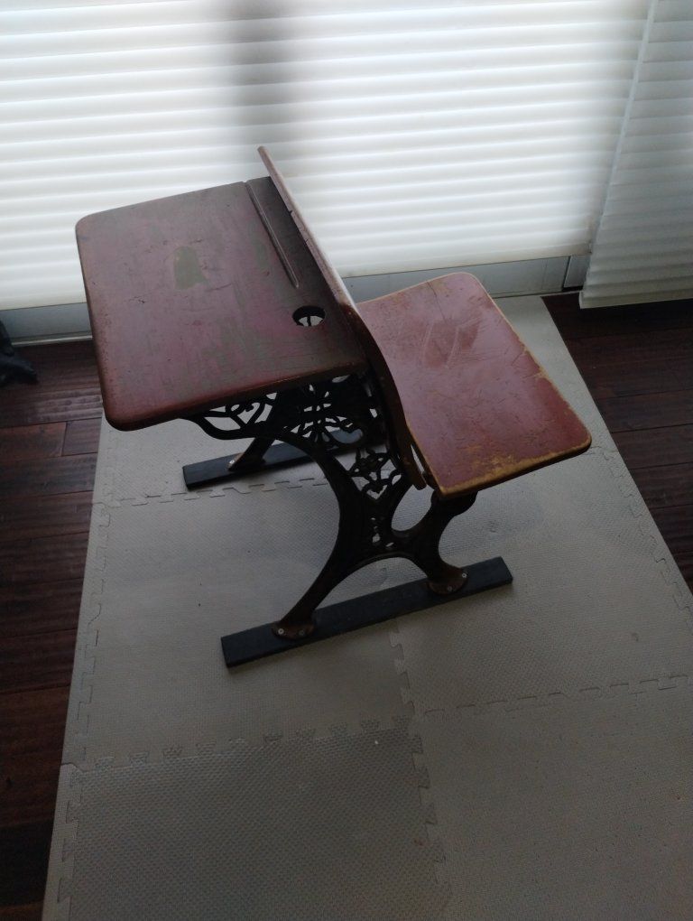 Vintage Cast Iron & Wood Child's School Desk - Antique Classroom Furniture