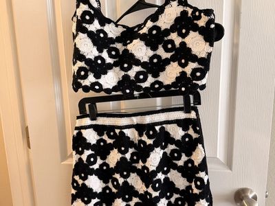 Avec Les Filles Black & White Crochet Two-Piece Skirt & Crop Top Set Size M/L