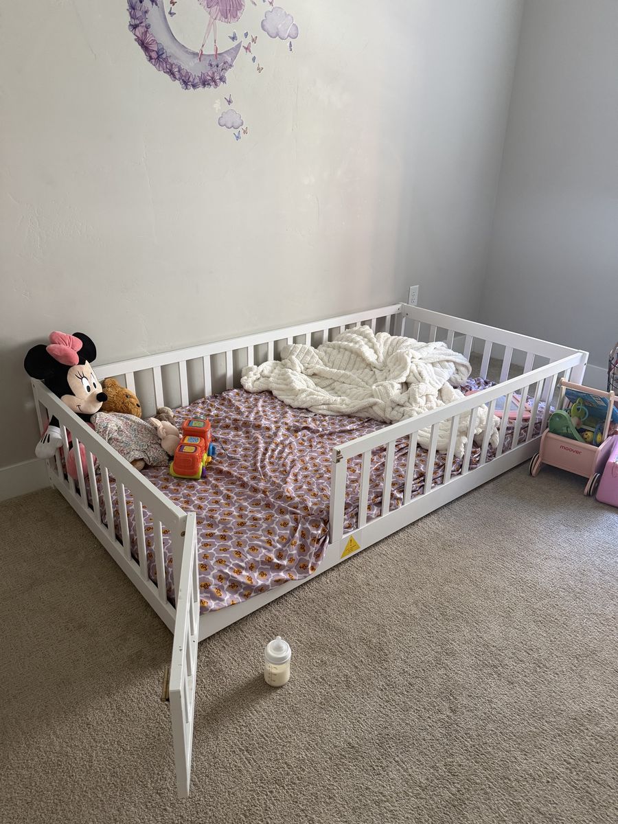 Toddler Floor Bed White Wood Frame with Side Rails - Converts to Montessori Bed