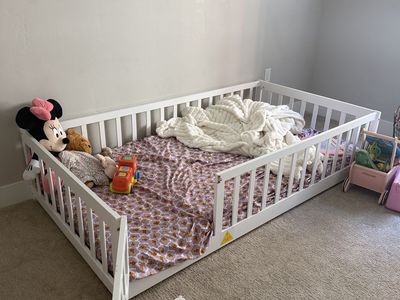 Toddler Floor Bed White Wood Frame with Side Rails - Converts to Montessori Bed