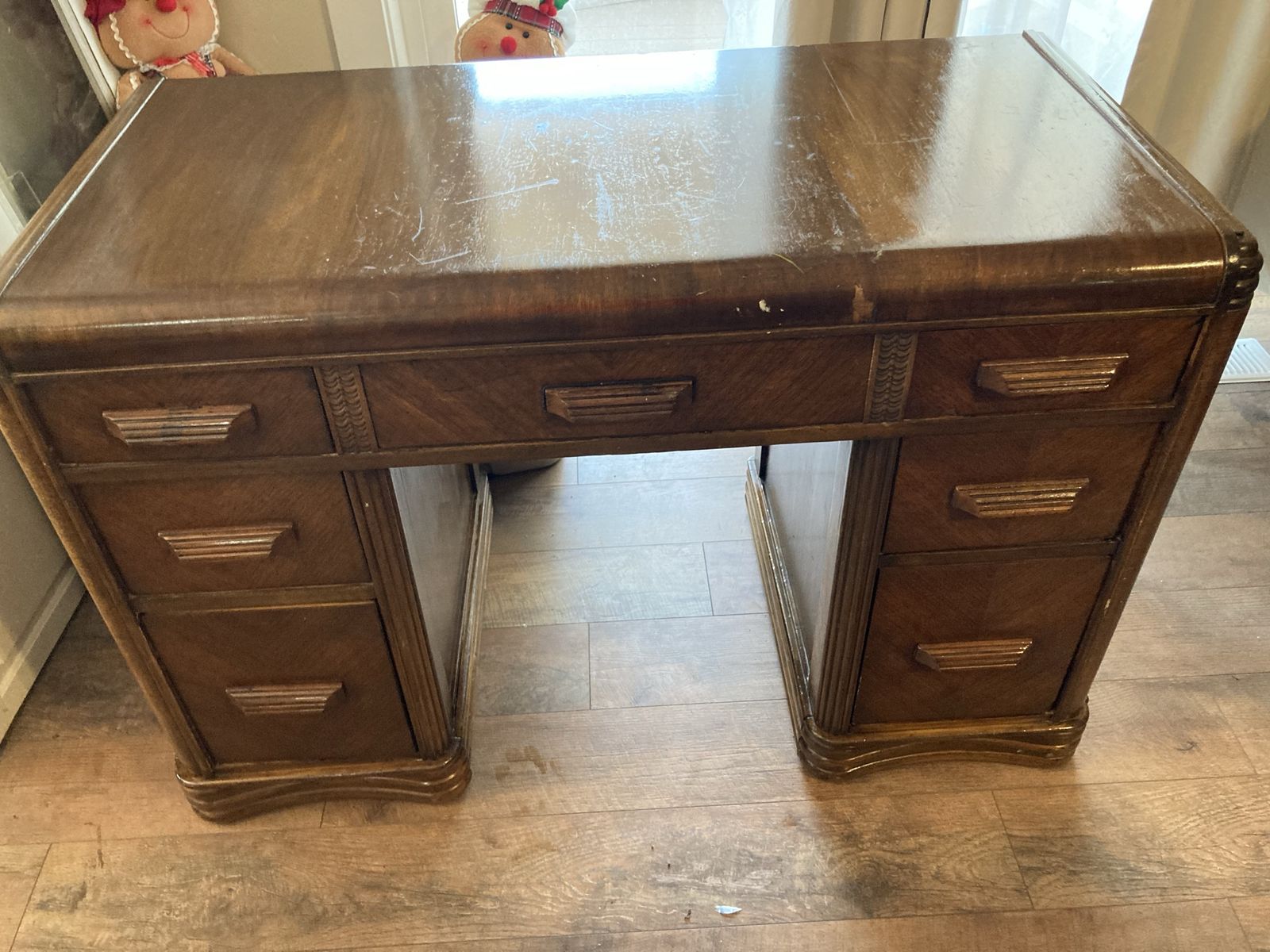 Vintage Wooden Executive Desk with 7 Drawers - Art Deco Style