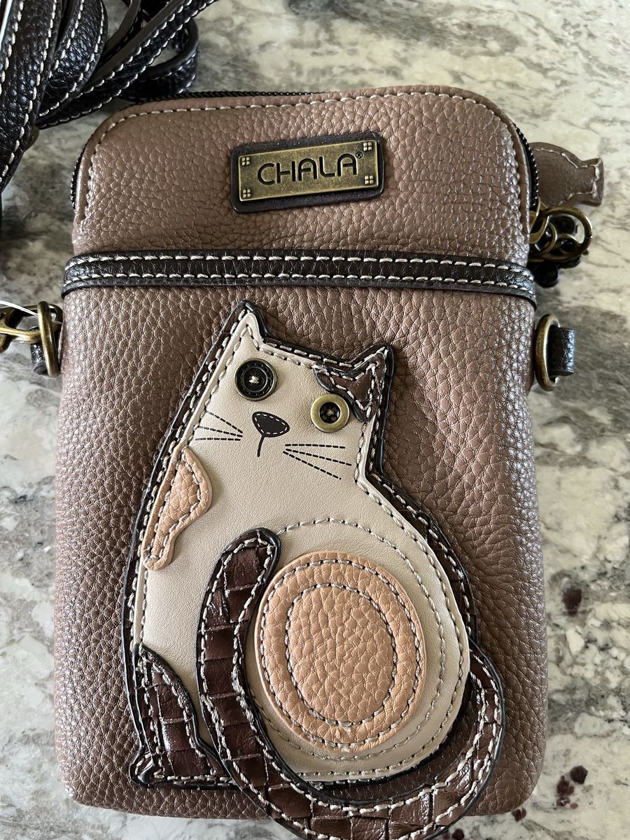 New w Tags Chala Cell Phone Crossbody Bag Brown Faux Leather Cat Applique