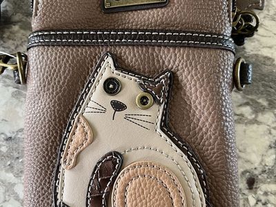New w Tags Chala Cell Phone Crossbody Bag Brown Faux Leather Cat Applique