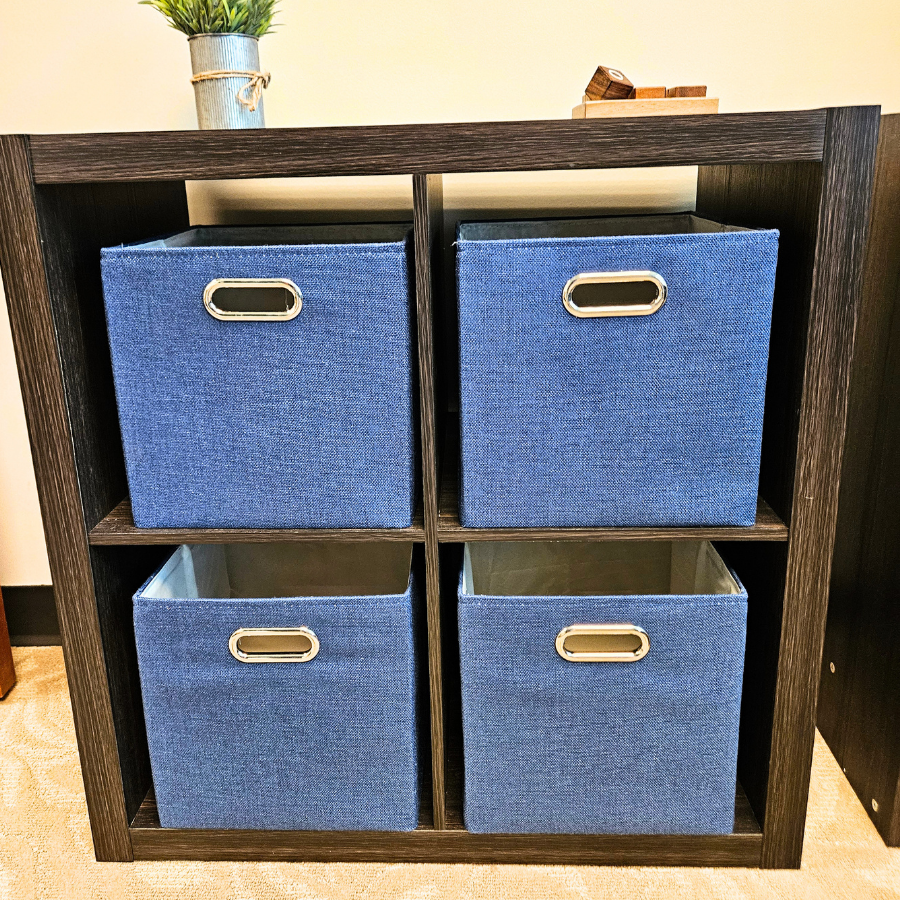 Modern Oak & Black 4 Cube Shelf / Bookcase + Storage Bins