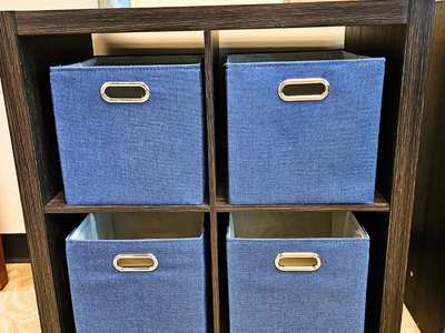 Modern Oak & Black 4 Cube Shelf / Bookcase + Storage Bins