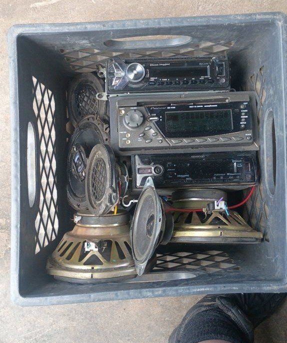 Crate Full of Car Stereos, Speakers & Back Up Camera