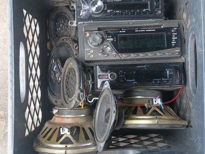 Crate Full of Car Stereos, Speakers & Back Up Camera