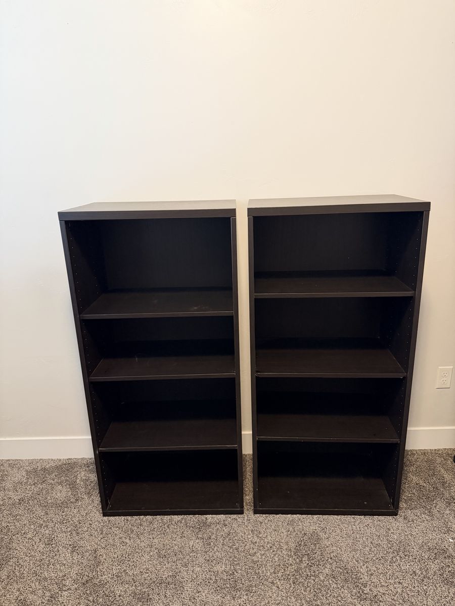 Pair of Dark Brown Wood Bookcases / Storage Shelves - 4 Adjustable Shelves Each
