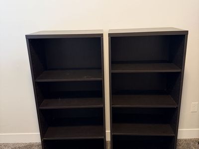 Pair of Dark Brown Wood Bookcases / Storage Shelves - 4 Adjustable Shelves Each