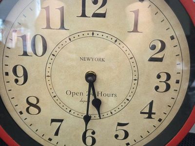 New York Retro Red Alarm Clock Style Desk/Table Clock "Open 24 Hours"