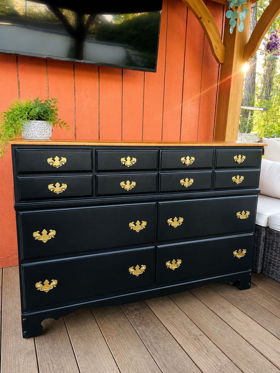 Classic Black Dresser with Golden Pulls - 6-Drawer Chest with Wooden Top