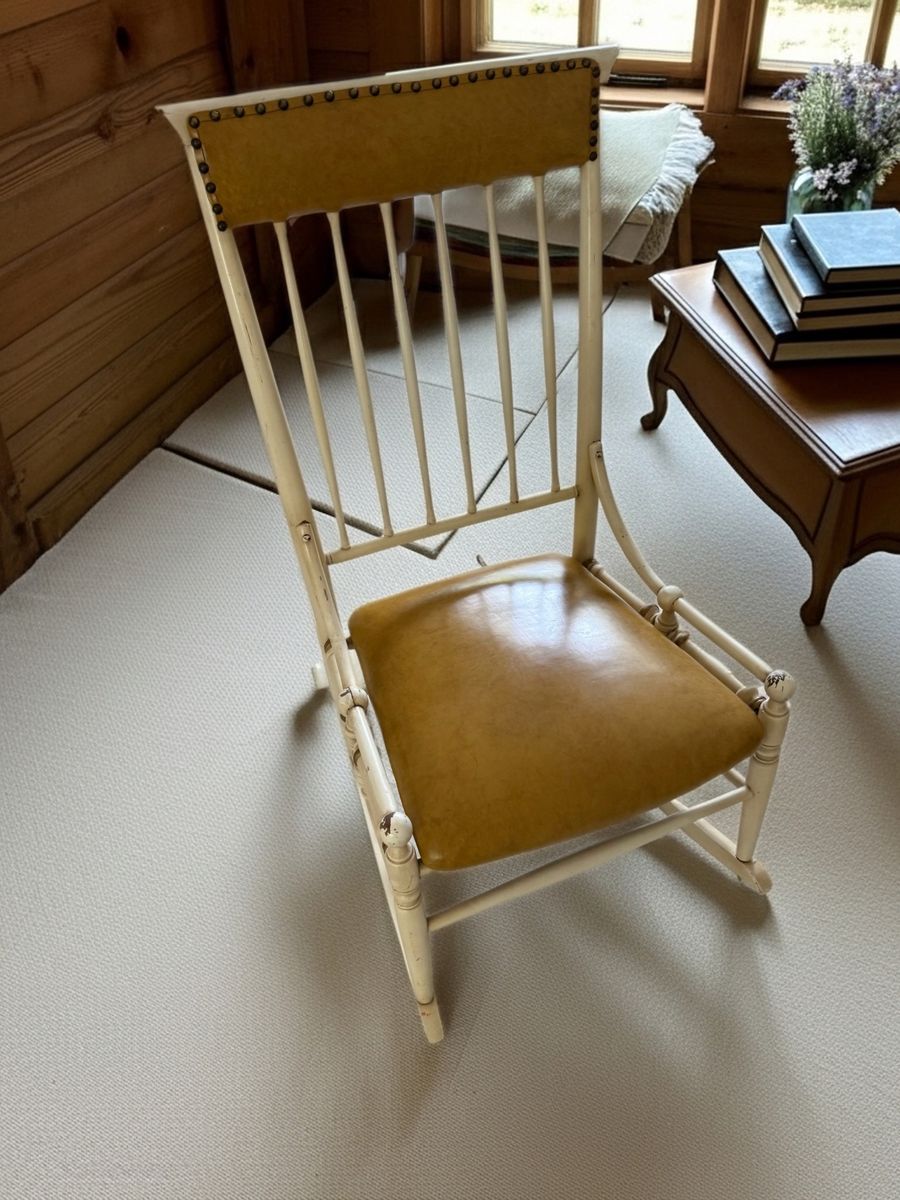 Vintage White Wood & Yellow Upholstered Rocking Chair with Nailhead Trim, Shabby Chic Style