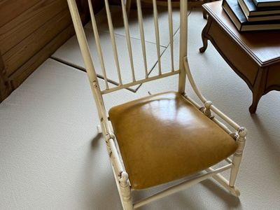 Vintage White Wood & Yellow Upholstered Rocking Chair with Nailhead Trim, Shabby Chic Style