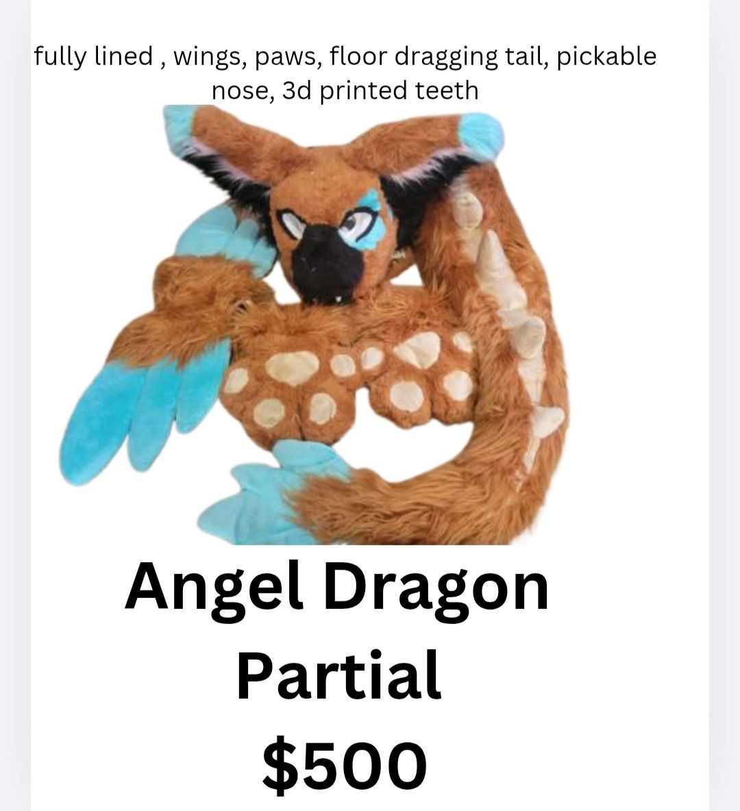 Angel Dragon Partial Fursuit - Fully Lined, Wings, Paws, Floor Dragging Tail, 3D Printed Teeth