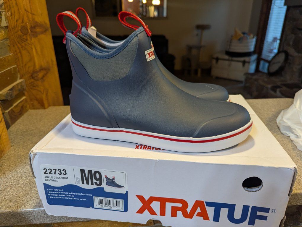 XTRATUF 22733 Ankle Deck Boots - Men's M9 Navy/Red, Waterproof, Slip-Resistant