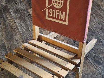 Vintage KRCL 91FM Wooden Foldable Outdoor Seat/Chair - Red Canvas & Wood, Portable