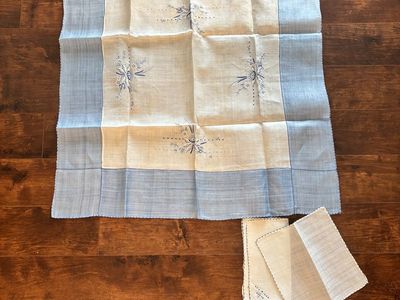 Vintage Blue and Cream Embroidered Tablecloth with 4 Matching Napkins