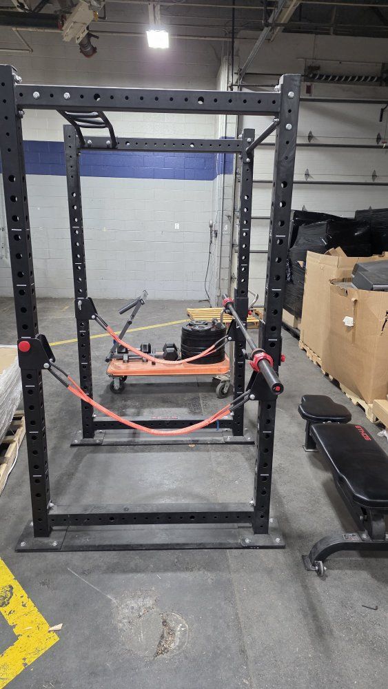 Heavy-Duty Power Rack with Multi-Grip Pull-Up Bar & Spotter Arms - Black Steel Squat Cage