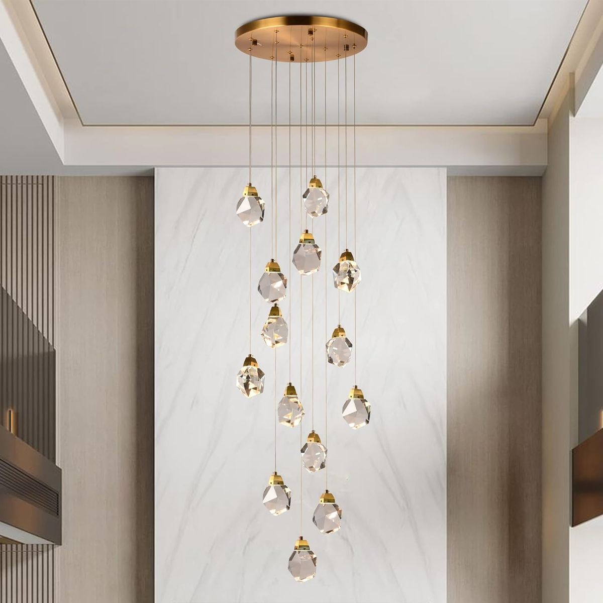 14-Light Dimmable Modern Diamond Raindrop Faceted Crystal Chandeliers for High Ceiling, Brass