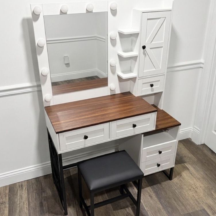 BRAND NEW - White & Wood Farmhouse Makeup Vanity with Lighted Mirror, Shelves & Leather Stool