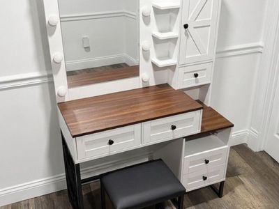 BRAND NEW - White & Wood Farmhouse Makeup Vanity with Lighted Mirror, Shelves & Leather Stool