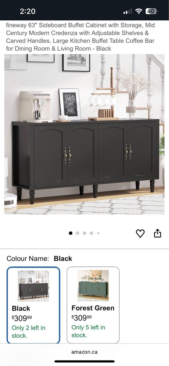 Fineway 63" Mid-Century Modern Sideboard Buffet Cabinet with Adjustable Shelves - Black