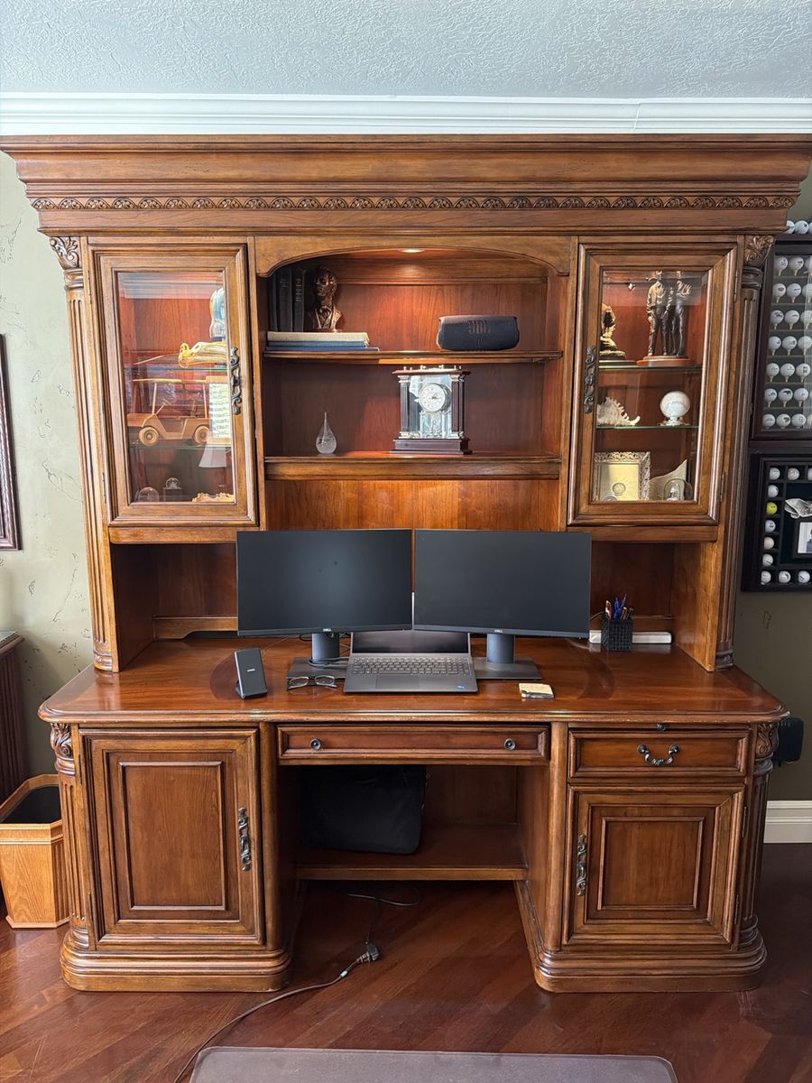 Large Executive Desk with Lighted Hutch and Glass Display Cabinets