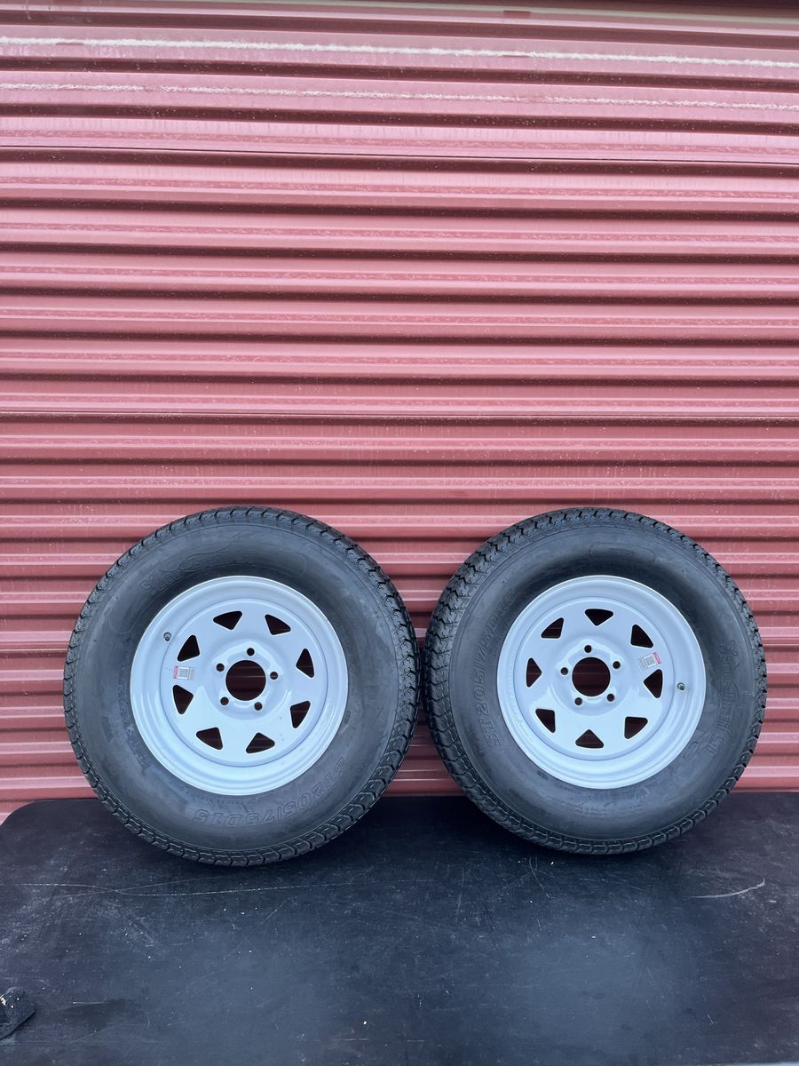 New Set of 2 Eco Trail ST 205/75 D 15 Trailer Tires Mounted on New White Spoke Wheels 5 on 4.5 Pattern