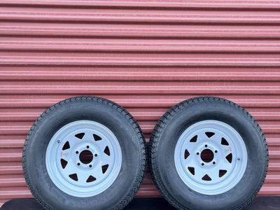 New Set of 2 Eco Trail ST 205/75 D 15 Trailer Tires Mounted on New White Spoke Wheels 5 on 4.5 Pattern