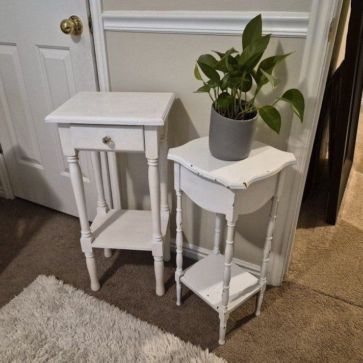 Wood End Tables - Pair of Distressed Accent Tables with Drawer & Plant Stand