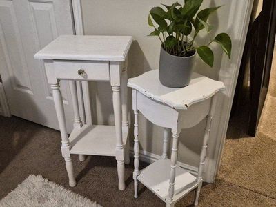 Wood End Tables - Pair of Distressed Accent Tables with Drawer & Plant Stand