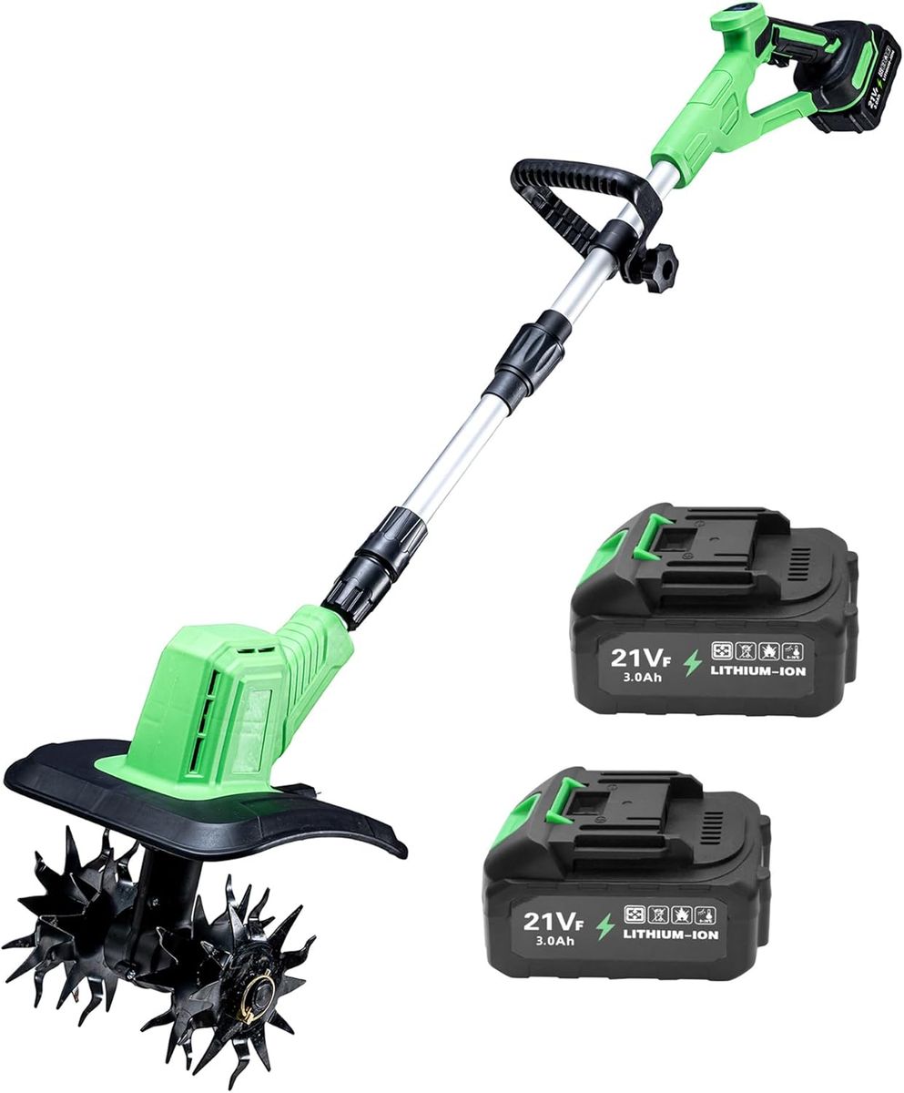 Cordless Tiller Cultivator, 360RPM Battery Powered Garden Cultivator, with 2 * 3.0Ah Batteries & Charger, 9In Tilling Width
