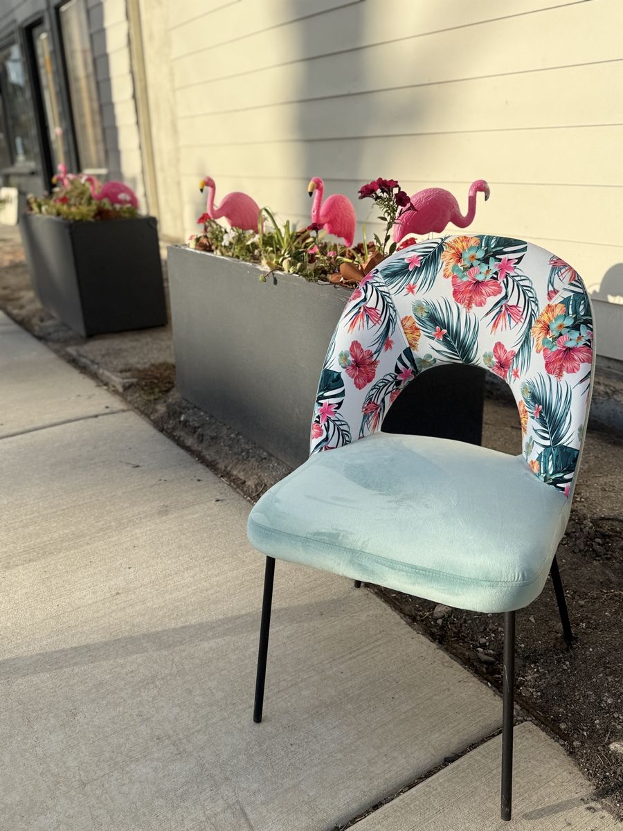 Tropical Floral & Light Blue Dining Chair - Mid-Century Modern Accent