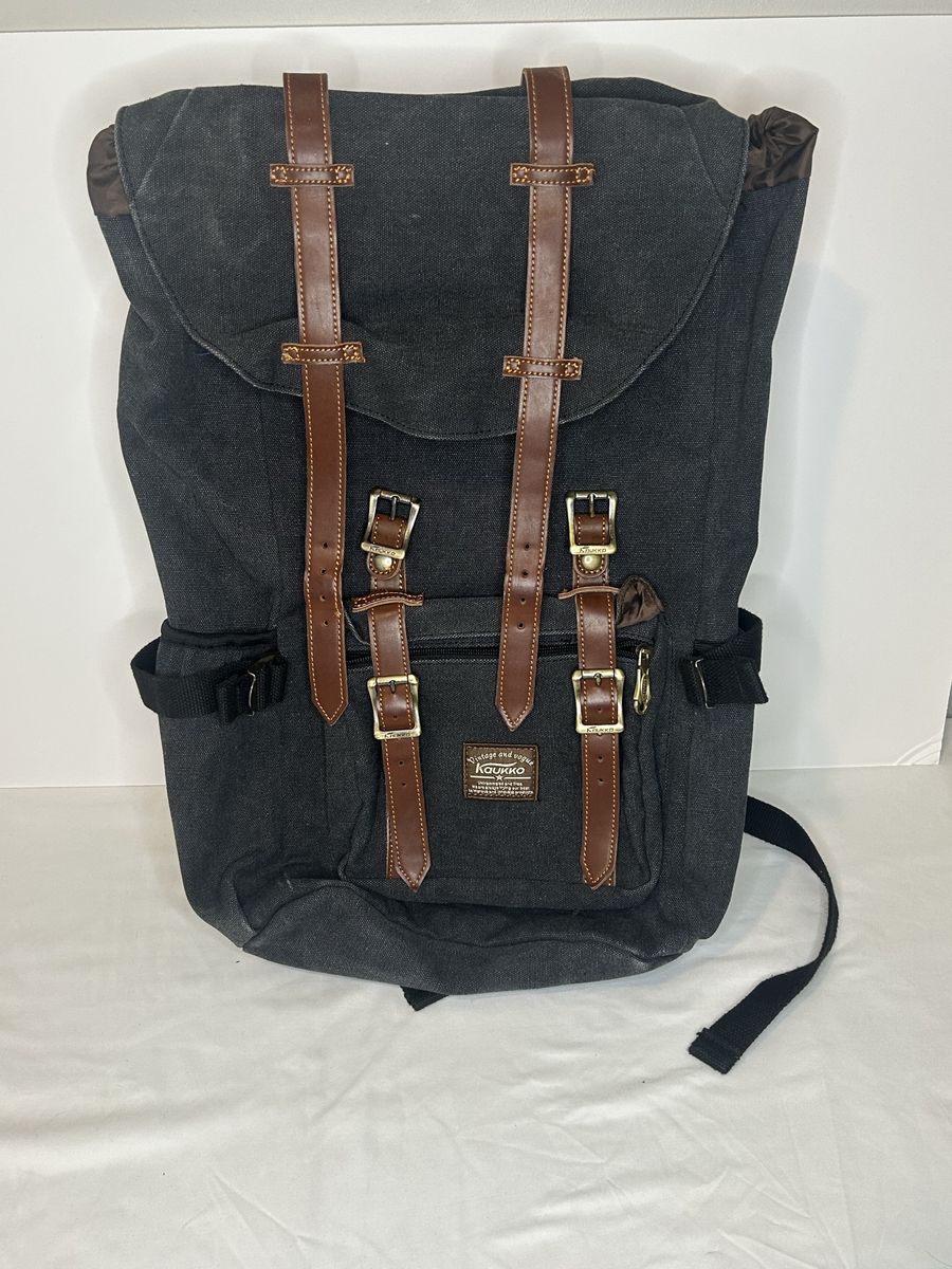 Kaukko Vintage Style Canvas Rucksack Backpack - Black with Brown Faux Leather Straps