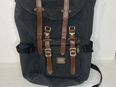 Kaukko Vintage Style Canvas Rucksack Backpack - Black with Brown Faux Leather Straps