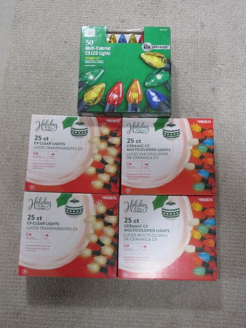 BNIB – 5 STRINGS OF C9 XMAS LIGHTS – COLORED AND CLEAR – SELLING AS A LOT